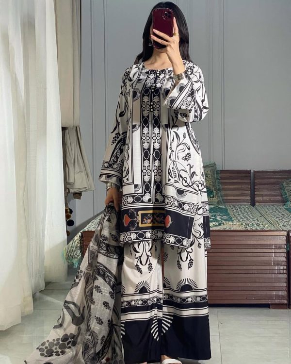 3 Pcs Swiss Lawn Printed Dress – Black & White – Medium Size – Shirt, Trouser & Dupatta Set (stitched Suit)
