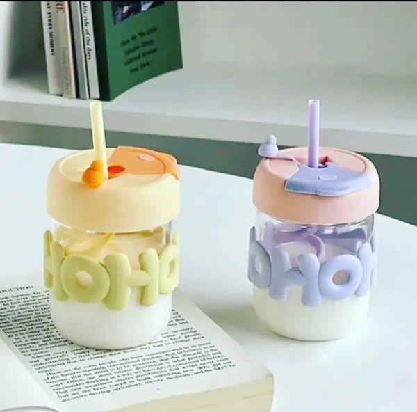 Cute Glass Straw Cup For Girls – 350ml Portable Insulated Water Cup With Straw, Lid & Chain Handle | Summer Travel Drinkware