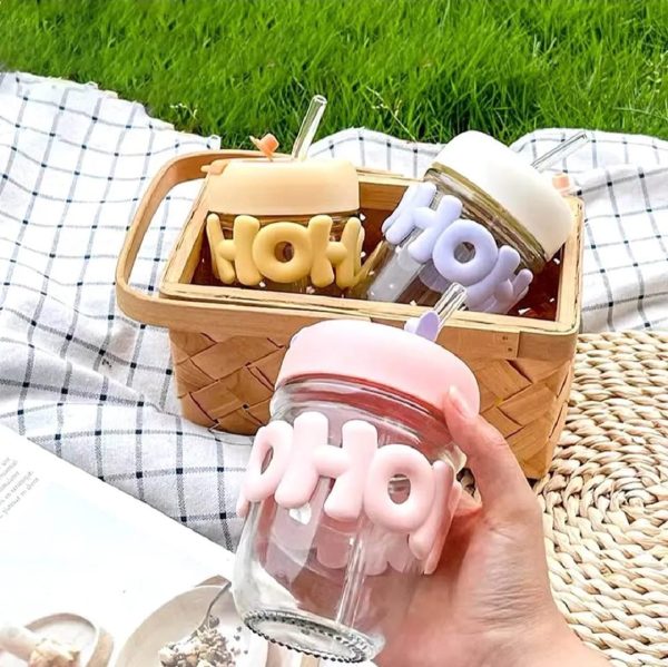 Cute Glass Straw Cup For Girls – 350ml Portable Insulated Water Cup With Straw, Lid & Chain Handle | Summer Travel Drinkware