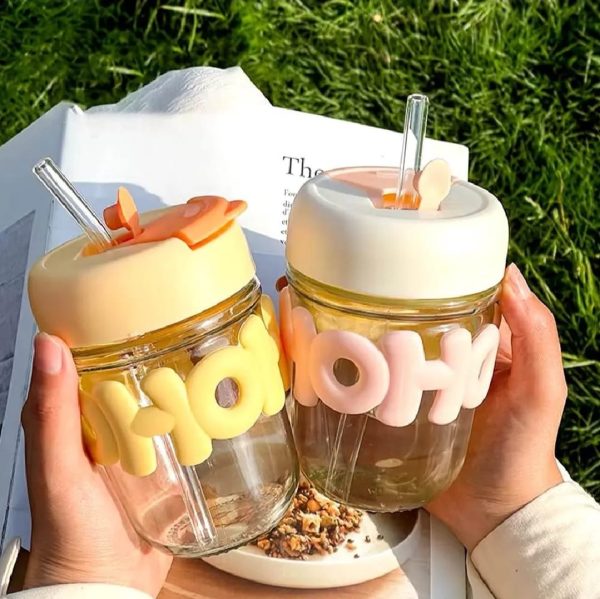 Cute Glass Straw Cup For Girls – 350ml Portable Insulated Water Cup With Straw, Lid & Chain Handle | Summer Travel Drinkware