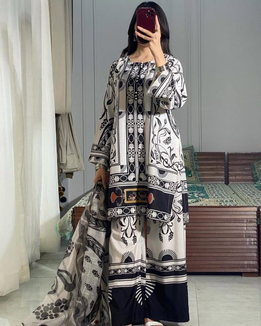 3 Pcs Swiss Lawn Printed Dress – Black & White – Medium Size – Shirt, Trouser & Dupatta Set (stitched Suit)